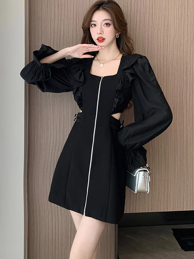 Black Chic Ruffled Elegant Hollow Out Sexy Dress for Women Autumn Winter Fashion Bodycon Prom Dress 2024 Korean Vintage Vestidos