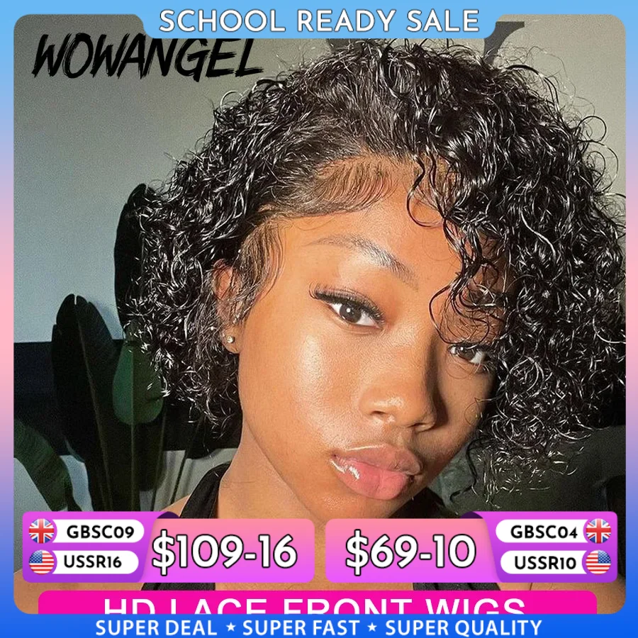 Wow Angel Kurze lockige Pixie-Schnitt-Perücken, 13 x 4 HD-Lace-Front-Perücken, 250 % Jerry-Locken-Echthaar-Perücken, Melt Skins, HD-transparente Spitzenperücke