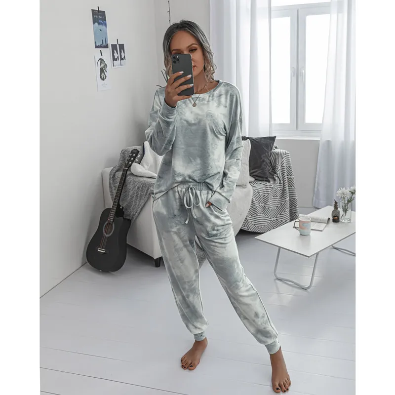 Two Piece Set Women\'s Casual Long Sleeve Round Neck Pajamas Homewear Set Loose Tie-Dye Printed T-Shirt Running Morning Exercise