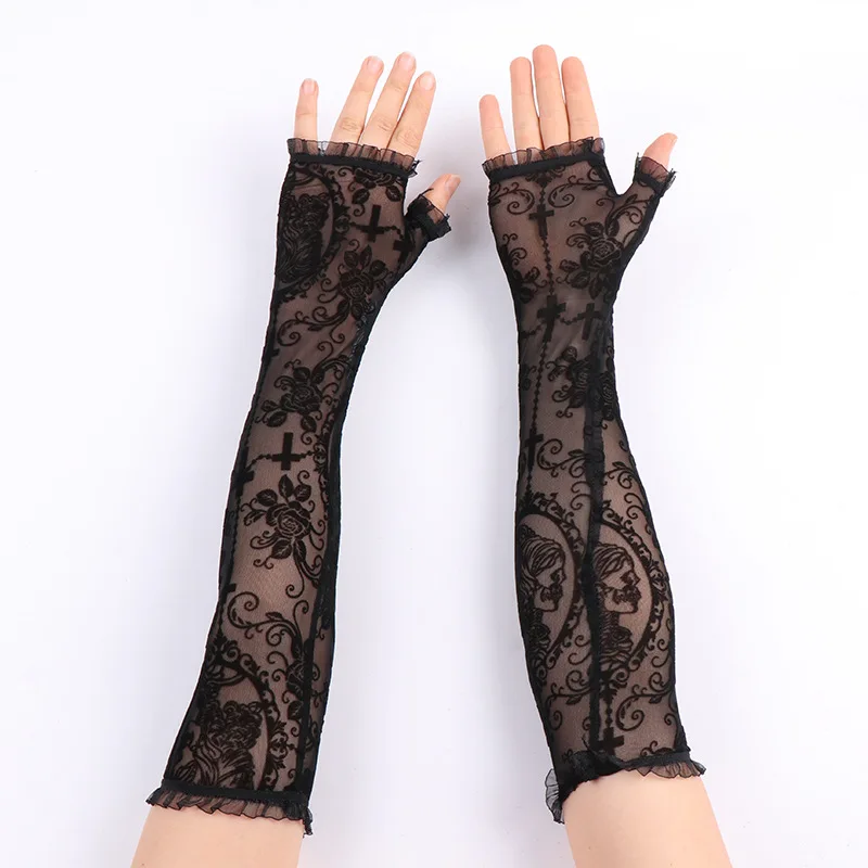 41cm Rose Cross Diablo Style Sexy Lace Mesh Transparent Long Fingerless Gloves Halloween Cosplay Stage Performance Walk the Show