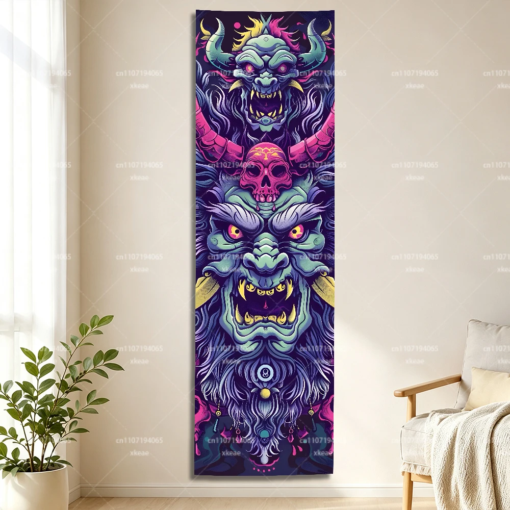 Japanese Oni Demon Vertical Long Tapestry, Colorful Horned Oni Beast Skull Wall Hanging, Slim Rectangle Wall Cloth for Bedroom