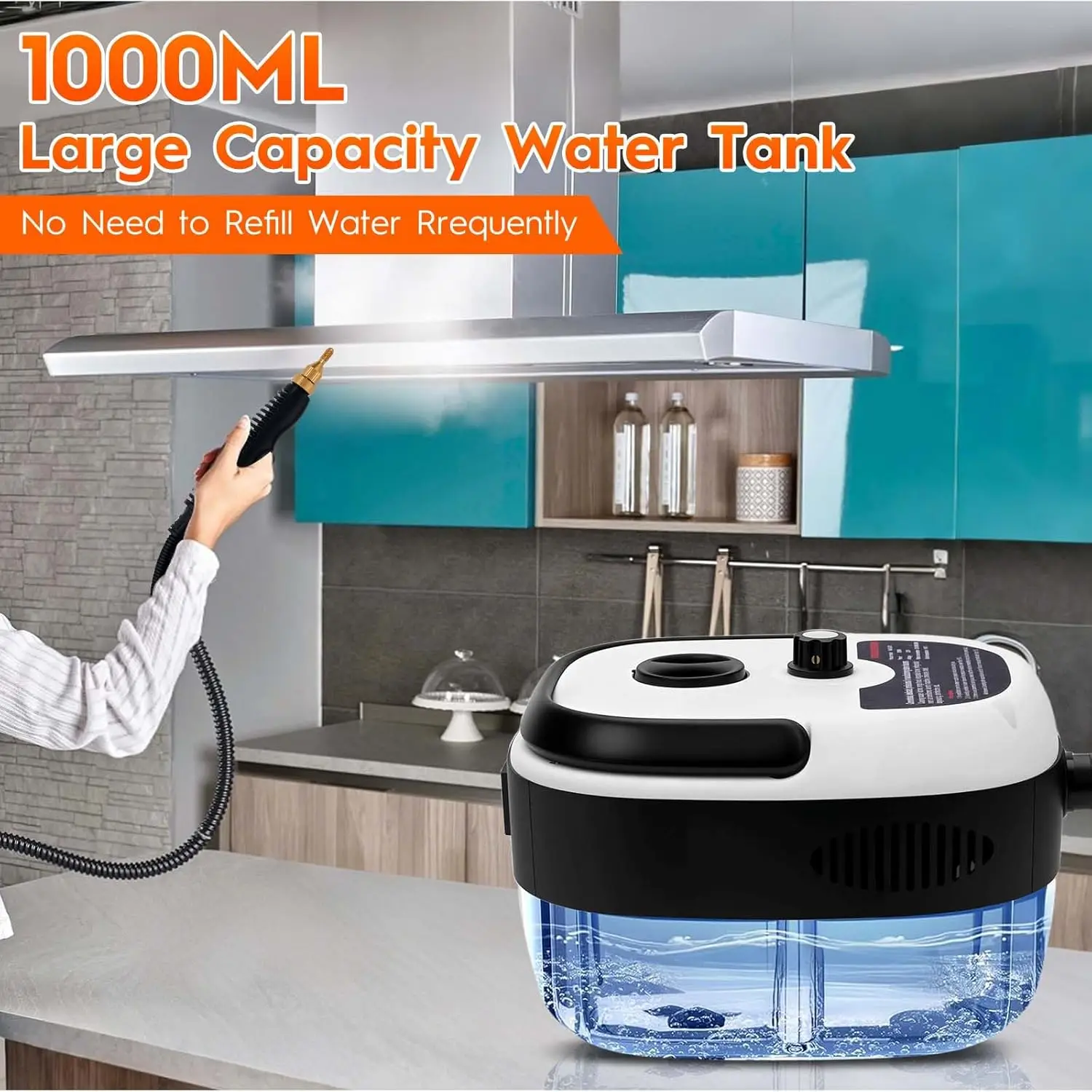 2500W Handheld Steam Cleaner, 1L Portable Steam Machine with 3 Brush Heads for Kitchen, Home, Car Cleaning (White)