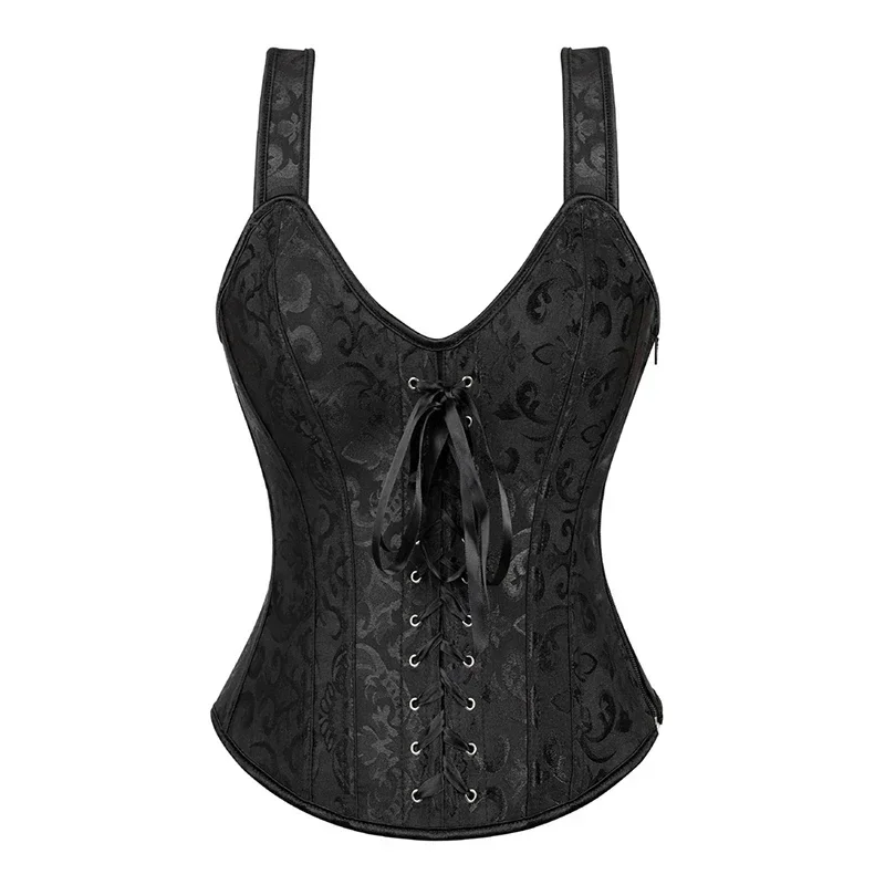 Plus Size Floral Jacquard Corset Zipper Top Gothic Steampunk Corset Bustier Women Corsets with Straps Black Corset