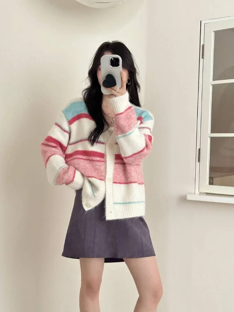 

Soft Cozy V-Ne Knitted Open Cardigan Women's Loose Sweet Versatile Faionable Sweater Jaet Spring Autumn Long Sve Str...