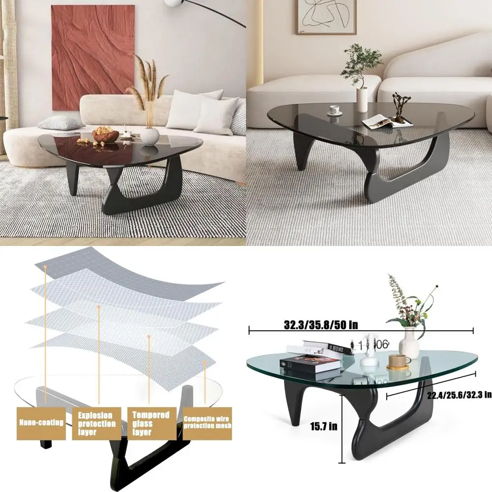 

Mid-Century Walnut Triangle Coffee Table with Clear Glass Top for Minimalist Living Rooms