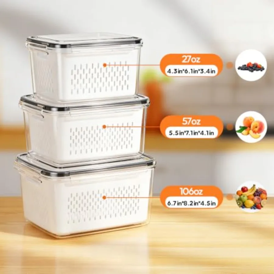Fruit Storage Containers for Fridge - 3 Pack Produce Storage Containers with Removable Colander, Leakproof Food Organization Ke - view 2