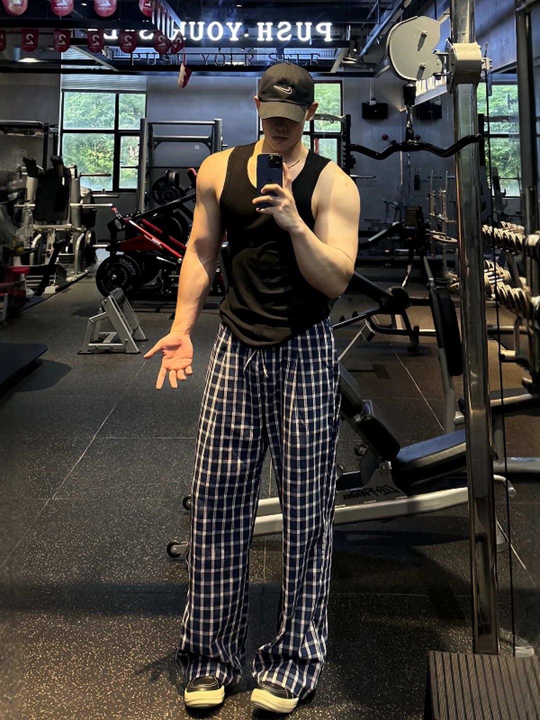 

Blue Plaid Bubble Cotton Wide Leg Lightweight Summer Casual American Spor Pants Men Women Loose Fit Straight Leg Trousers