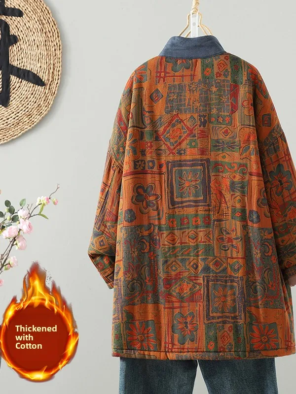 

Thiened Хлопковая куртка для женщин, зимнее теплое этническое свободное пальто с воротником-стойкой в стиле ретро, китайское длинное пальто с пуговицами