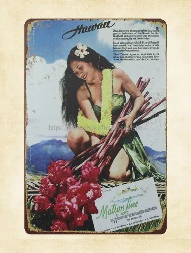 art work wall Matson Line to Hawaii aloha girl metal tin sign