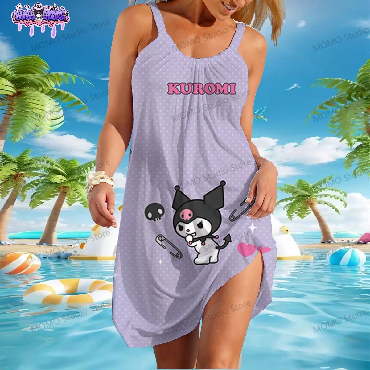 Kawaii Kuromi Women's Beach Dresses Y2k Summer Sling S-3XL Youthful Woman Clothes Boho 2024 New Dress Sanrio One-piece Fashion