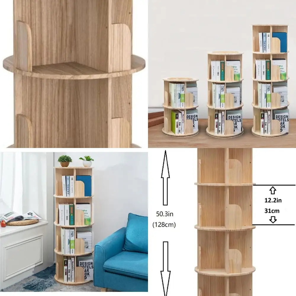 

360 ° Поворотная деревянная 4-уровневая книжная полка — напольный органайзер для хранения для детей и взрослых, книжный шкаф из цельного дерева