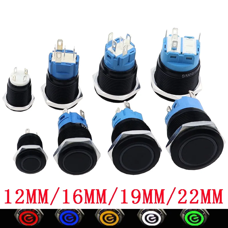 Black Push Button Switch 12/16/19/22mm Waterproof illuminated Led Light Metal Flat Momentary Switches with power mark 5V 12V 24V