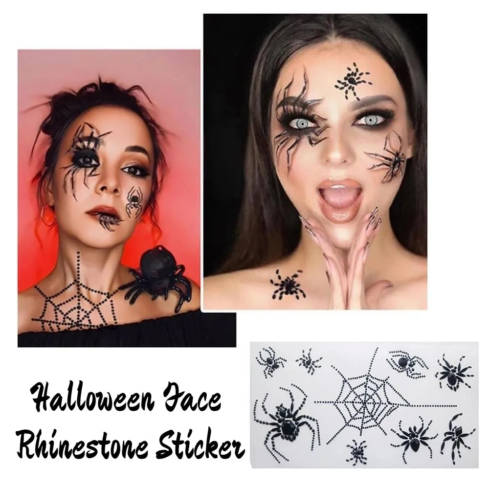 

3D временные татуировки на Хэллоуин, черные татуировки на тему паука, татуировки с драгоценными камнями, блестящие украшения для лица, ювелирные изделия, наклейка на лицо, праздничные