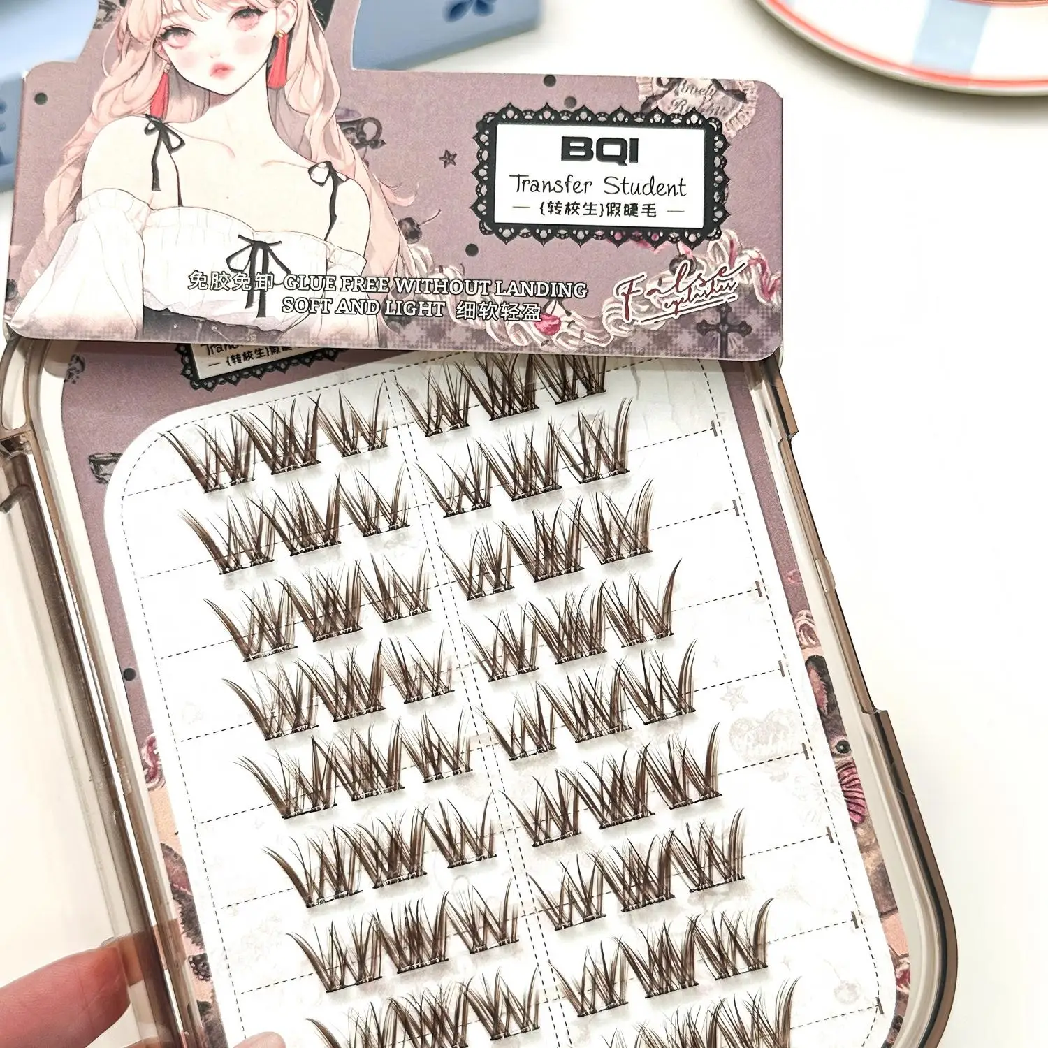 BQI 12-14mm Brown Glue-Free False Eyelashes Thick Comic Eye Segmented DIY Lashes Self-Adhesive No Glue Needed Easy Application