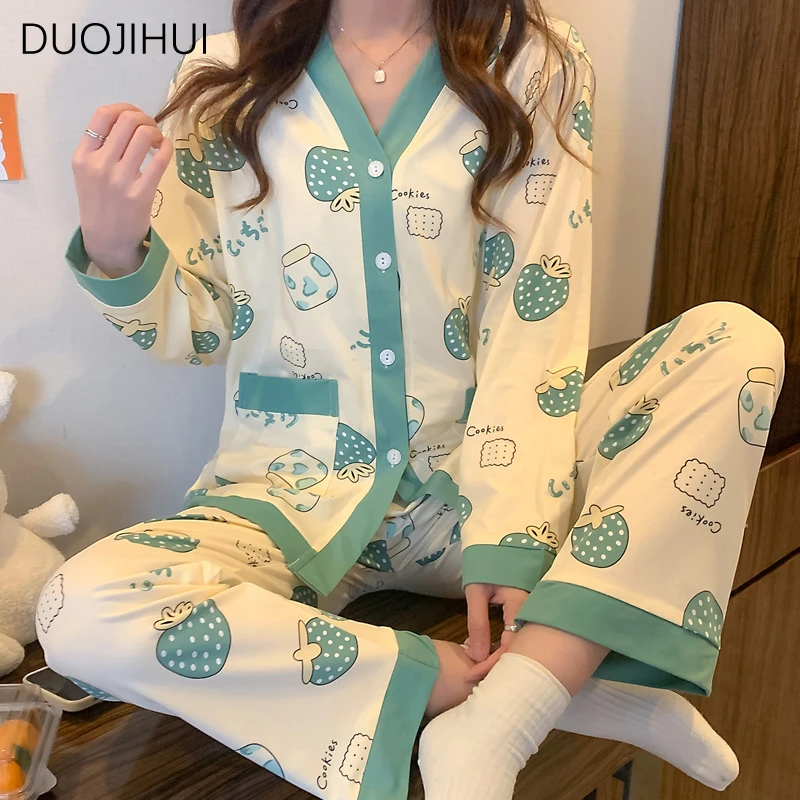 DUOJIHUI Sweet Contrast Color Two Piece Loose Female Pajamas Set Autumn New Simple Fashion Printed Casual Home Pajamas for Women