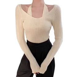 Womens Knit Sweater Long Sleeve Off Shoulder Halter Tops Sexy Pullover Casual Loose Blouse Jumper Sweaters