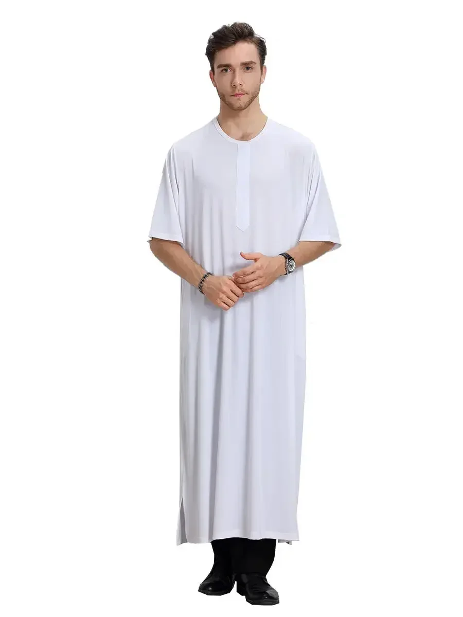 Mens Saudi Thobe Robe Short Sleeve Abaya Saudi Dishdasha Arabic Kaftan Dress Summer Dubai Ramadan Turkey Middle East Clothing Ne