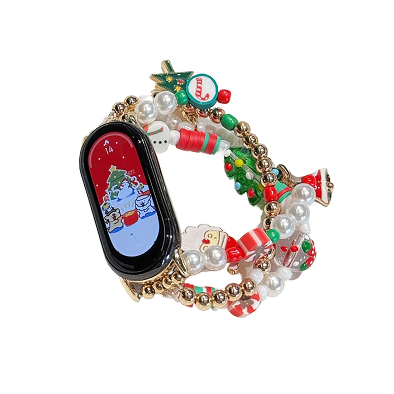 Santa Claus Metal Strap for Xiaomi Mi Band 9 8 7 Christmas Bead Bracelets for Redmi Watch 4 Replacement Wristband for Mi 6 5 4 3