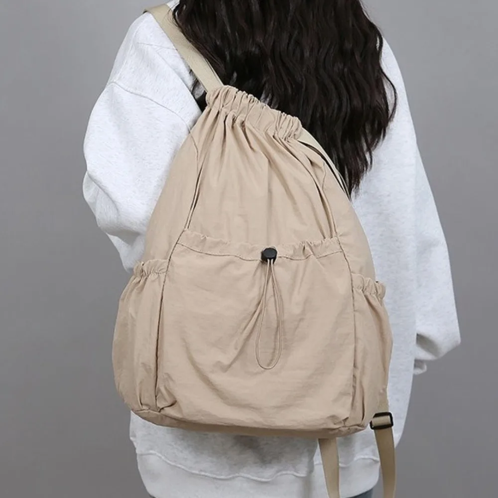 Fashion Solid Color Travel Backpack Lightweight Korean Style Drawstring Backpack Nylon Large Capacity Student Schoolbag Fitness