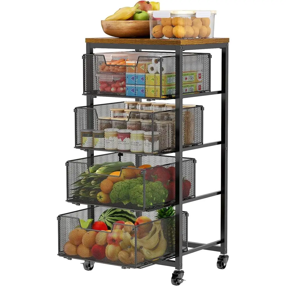 

Kitchen Rolling Cart with Ders, 4-Tier ruit Vegetable Storage Cart on Wheels with Wooden Top, Kitchen Rolling Storage Rack