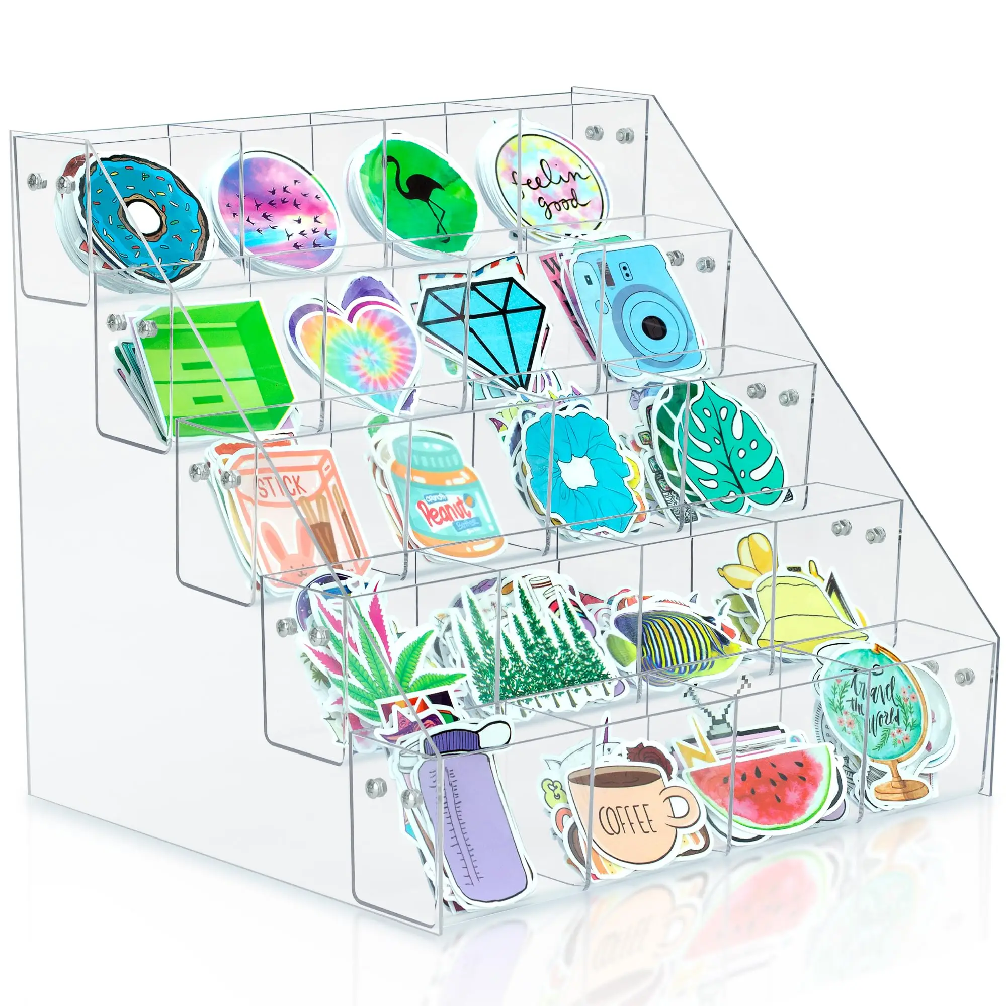 Sticker Display Stand for Vendors - 5 Tier Acrylic Sticker Holder Display For 4'' Large Stickers, Sticker Organizer Shelf Ideal