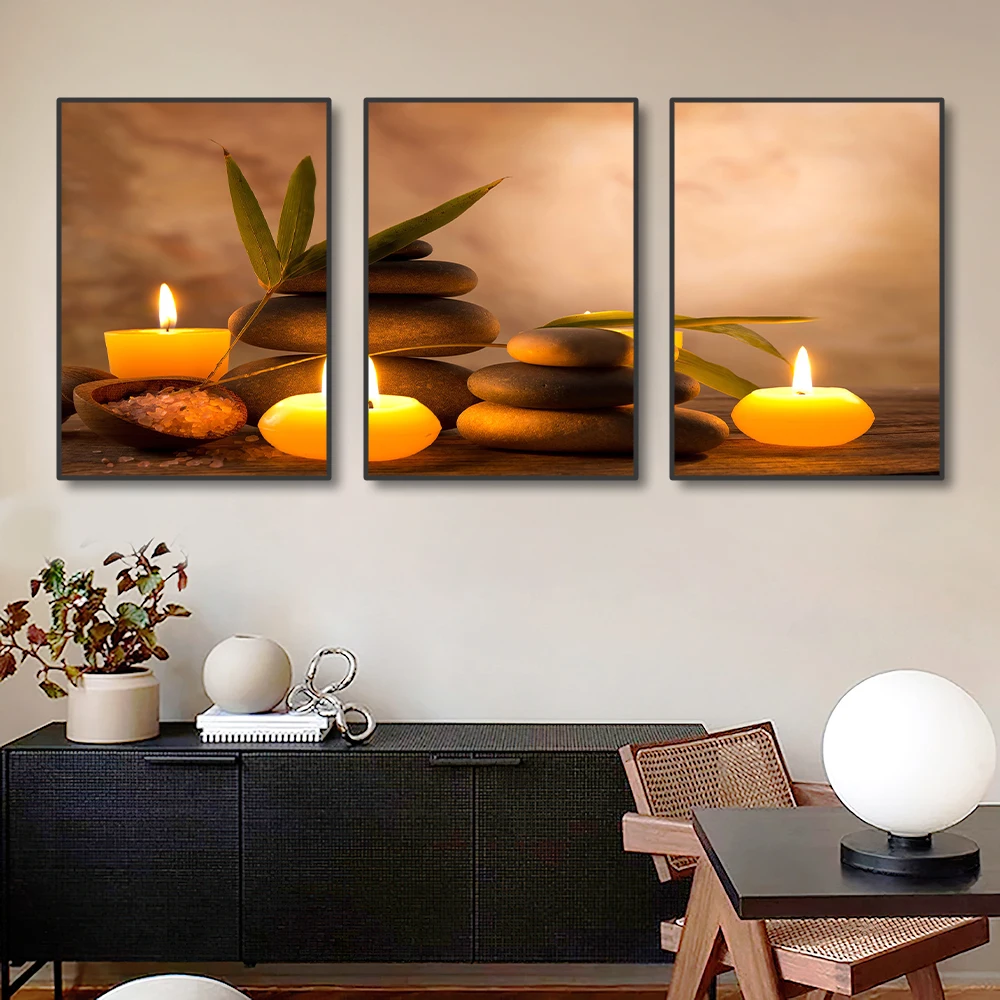 Настенное искусство с принтом, медитация, камни дзен, художественные работы, ароматические горящие свечи, спа, натюрморт, фотографии, 3 шт., безрамные картины на холсте