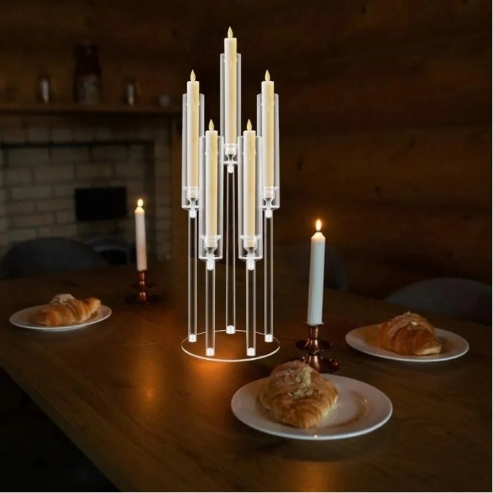 

Transparent Candle Holder Acrylic 5-head Candlesticks Holder Main Table with Circular Base Floral Decoration For Wedding Scene