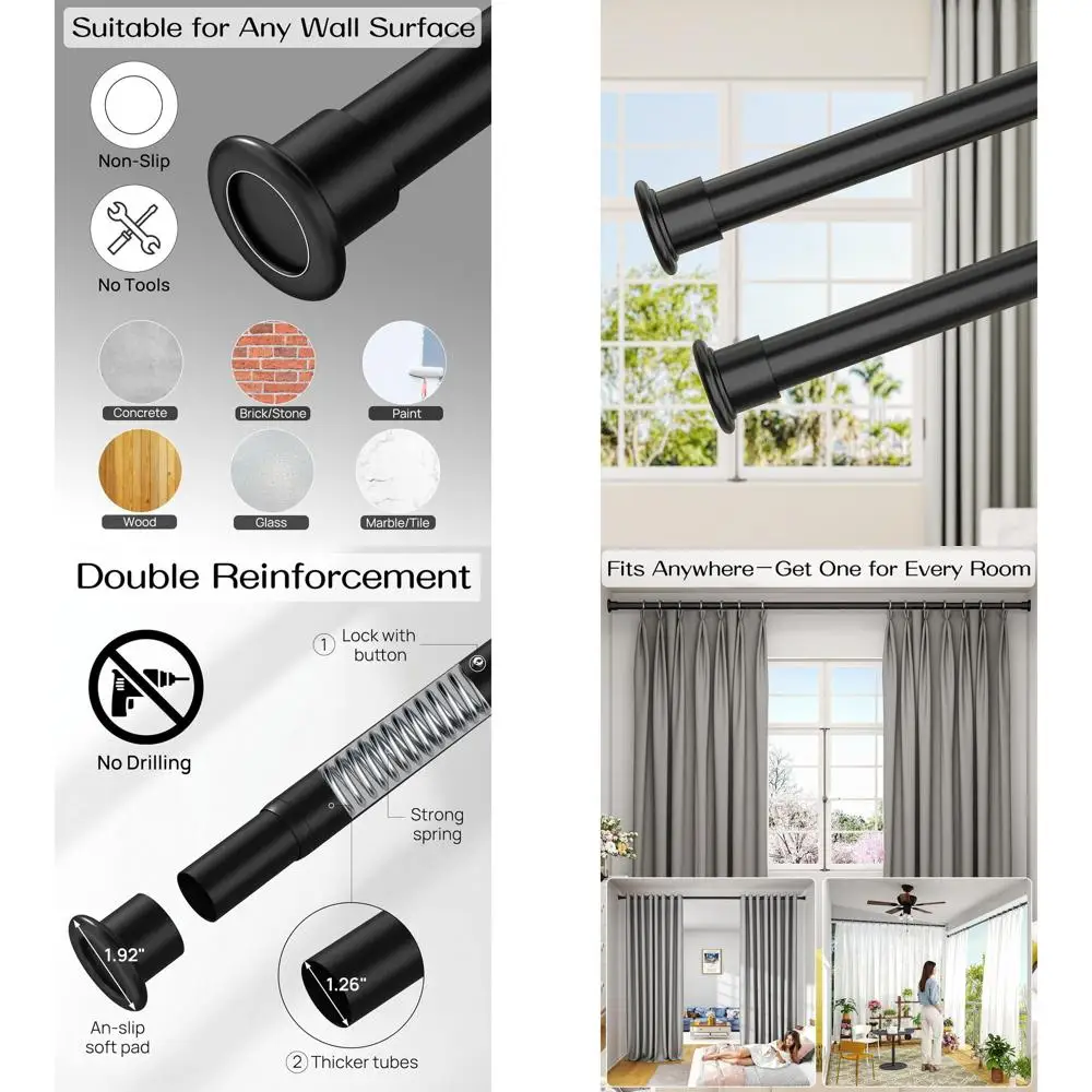 

Adjustable Heavy-Duty Tension Curtain Rods, 42-123 Inches, No Drilling, Holds Blackout Curtains, Black