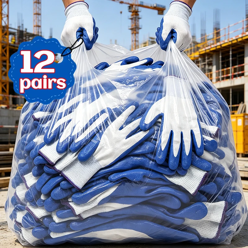 1-12pair Non-slip Wear-resistant Breathable Nitrile Gloves Industrial Labor Building Construction Safety Non-slip Work Gloves