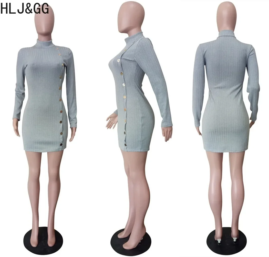 Hlj & gg elegante Dame Strick knopf Bodycon Mini kleider Frauen Rundhals ausschnitt Langarm schlanke Vestidos Herbst neue feste Kleidung