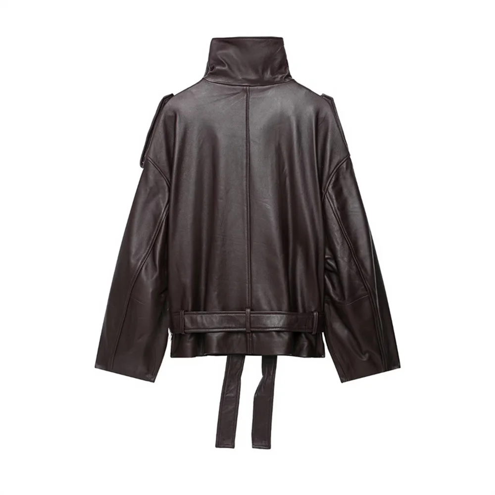 Guobioziy Women's Jacket 2026 Fall/Winter New Fashion Retro Versatile Long-Sleeve Stand Collar Leather-Effect Jacket with Belt