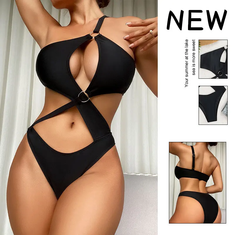

New one-shoulder hollow-out hot spring swimsuit, solid color, sexy cross-design one-piece swimsuit for women