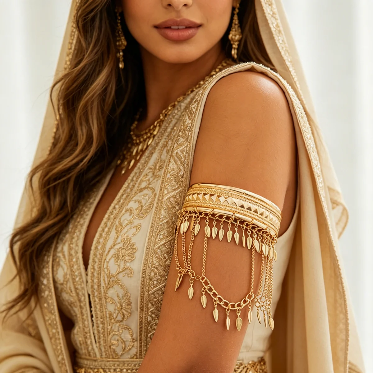 Vintage Tribal Gold Arm Cuff Fringe Tassel Chain Design Ethnic Upper Arm Bracelet For Bridal - view 2