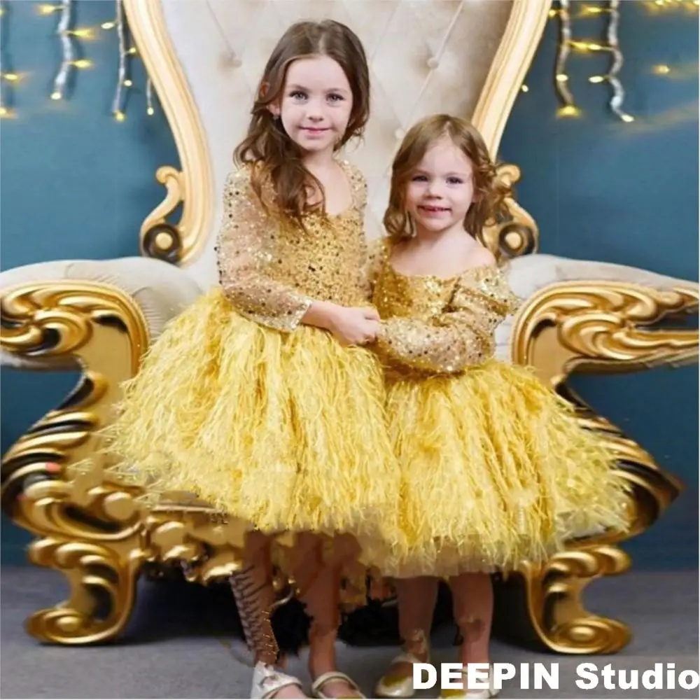 

Puff Feather Lush Girl baby Party Dress 2024 NEW Long Sleeve Feather Girl Princess Dress Shiny Luxurious Birthday Wedding Dress