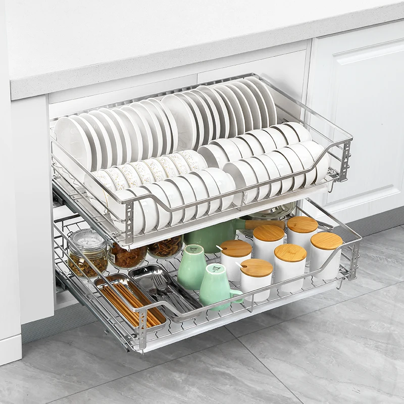 

Cabinet Pull Basket 304 Stainless Steel Double Drawer Kitchen Dishes Seasoning Basket Buffer Damping Rail Built-in Shelf