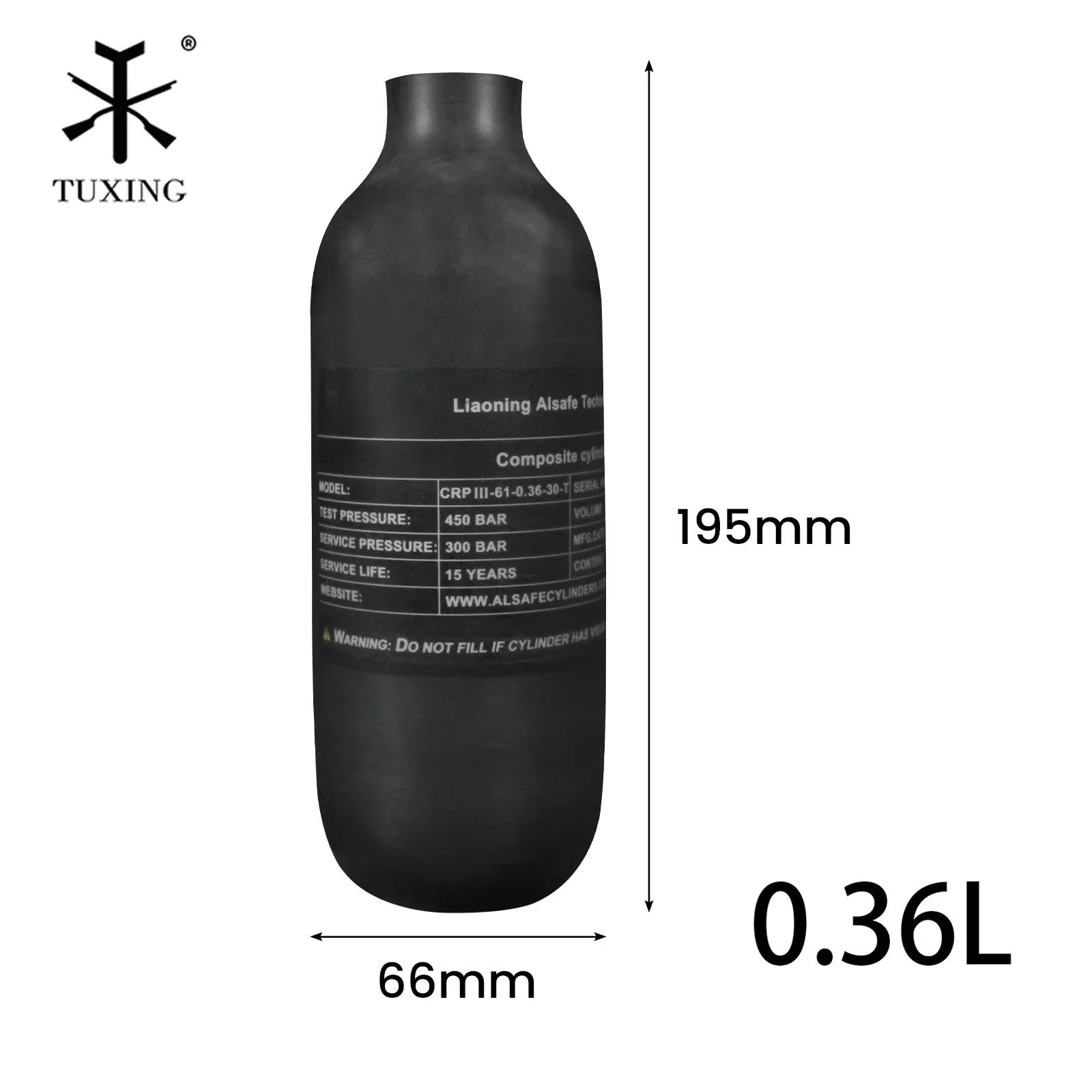 TUXING 300Bar 360CC 0.36L Carbon Fiber Cylinder 4500PSI High Pressure Portable HPA Tank for Diving Hiking Equipment M18*1.5