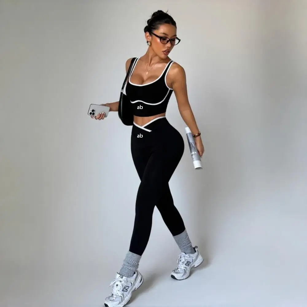 Contrasting-color sports yoga set - tight cross-waist yoga pants with high waist for toning buttocks and fitness yoga wear