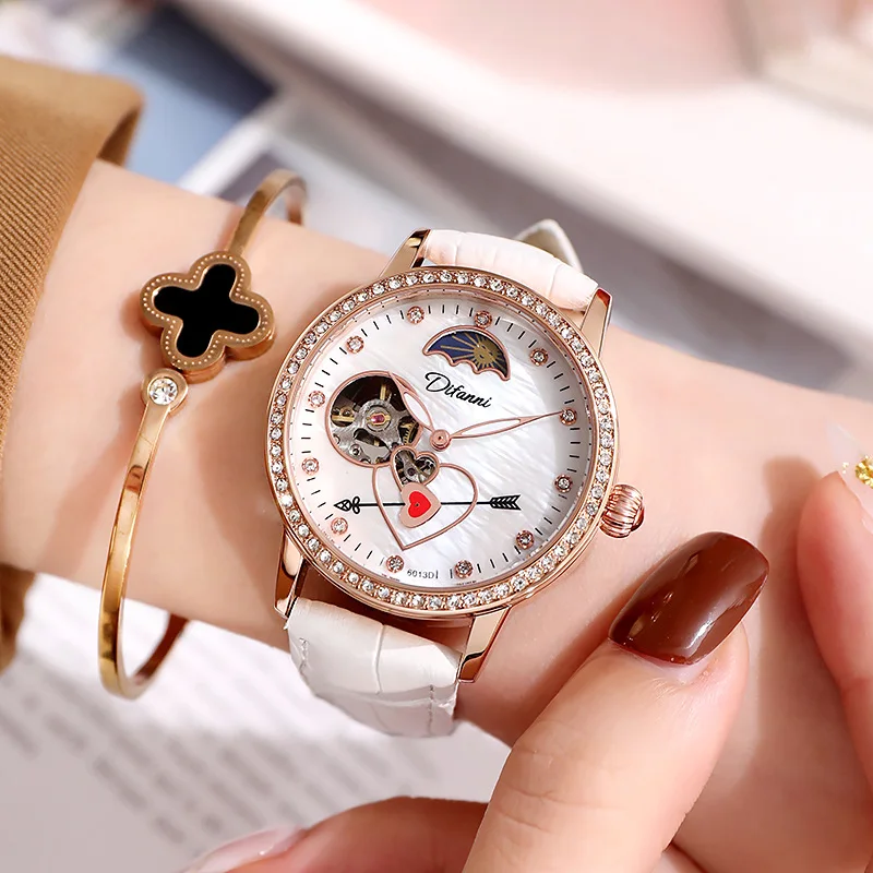 Relojes mecánicos automáticos con caja de oro rosa para mujer, relojes de pulsera con flechas de Cupido de diamante, reloj de cuero rosa para mujer,