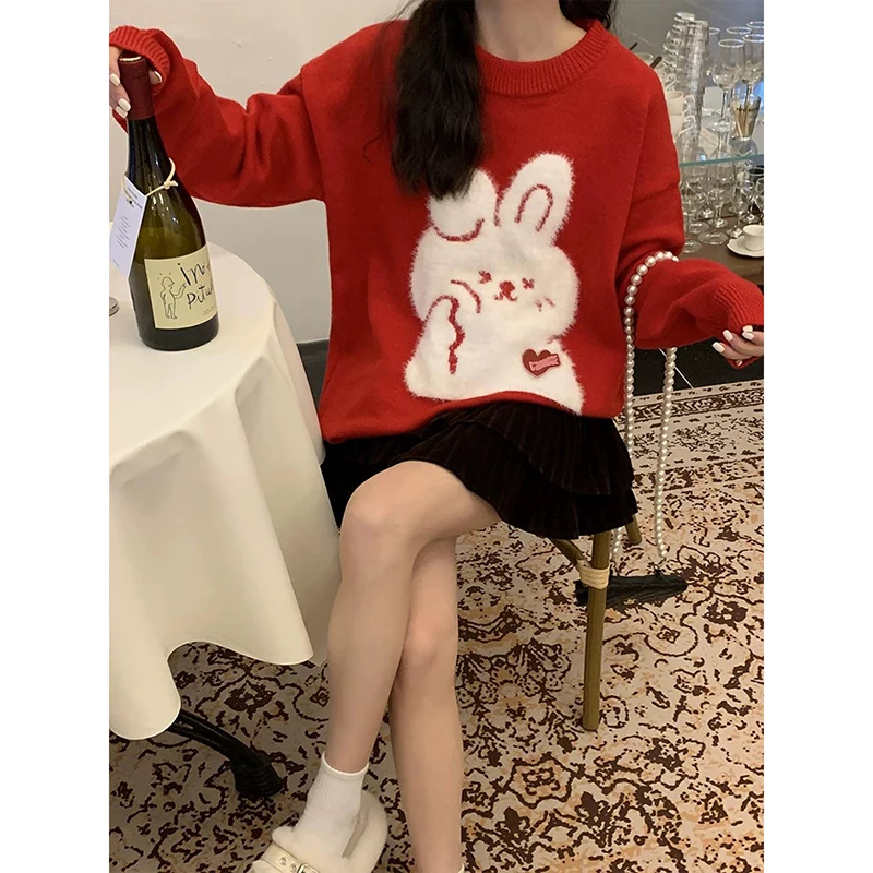 2023 Women Cute Rabbit Fleece Sweater Y2K Harajuku Retro Hip Hop Knitted Sweater Vintage Pullover Casual Wool Sweater Hipster