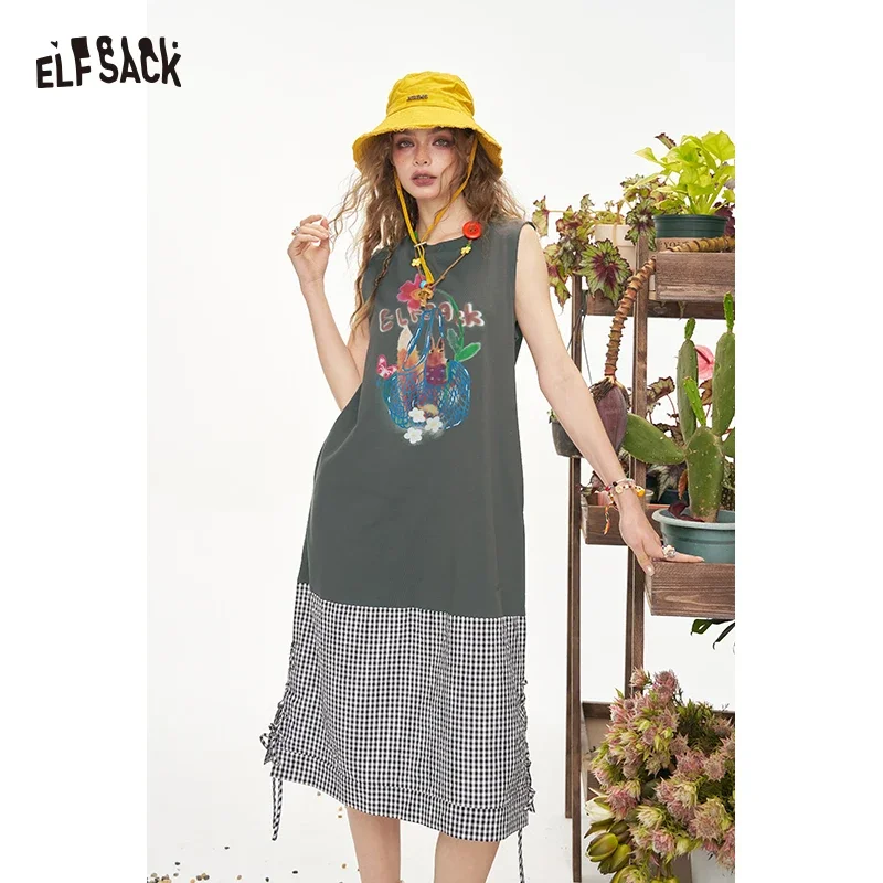 

ELFSACK Women's Fox Print Sleeveless Knit Dress Plaid Splice Hem Loose Casual Graphic Midi Dress