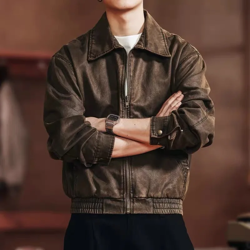 Retro americano Sle ort Jaet hombres otoño nueva ropa de abrigo Casual suelta BaAn aceite cera cuero aspecto Vintage fibra de poliéster