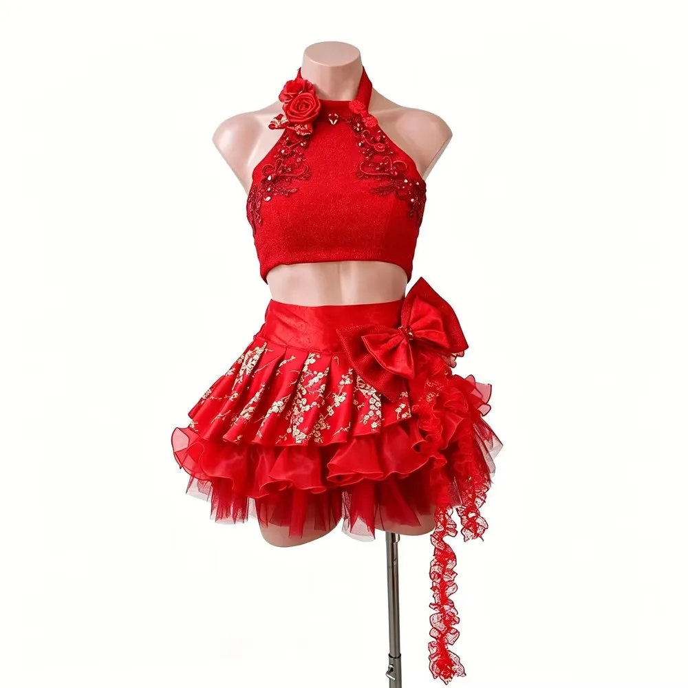Women's Slim Sexy Red Floral Halter Crop Top Mini Skirt 2-Piece Chinese Style Dance Costume Singer Bar Dancer Stage Performance