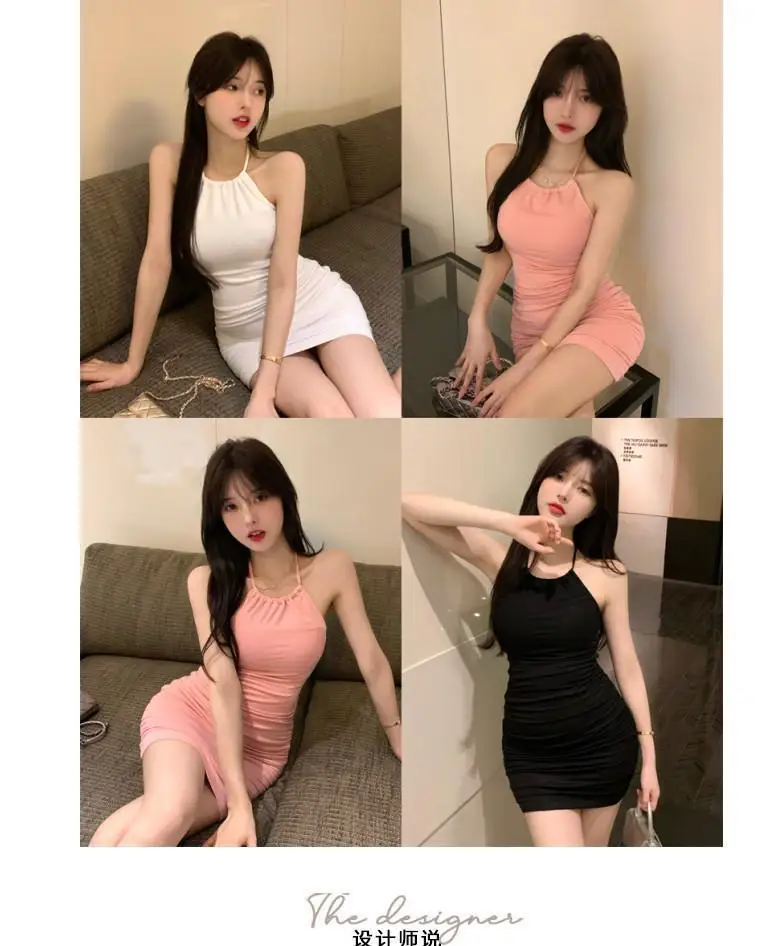 Damen Sommer Neckholder-Cami-Kleid, Figurbetont, mit Stretch-Bund, Süßer Y2K Spicy Girl Stil, Kurzes Kleid, Elegant, Lässig D – Detail 3