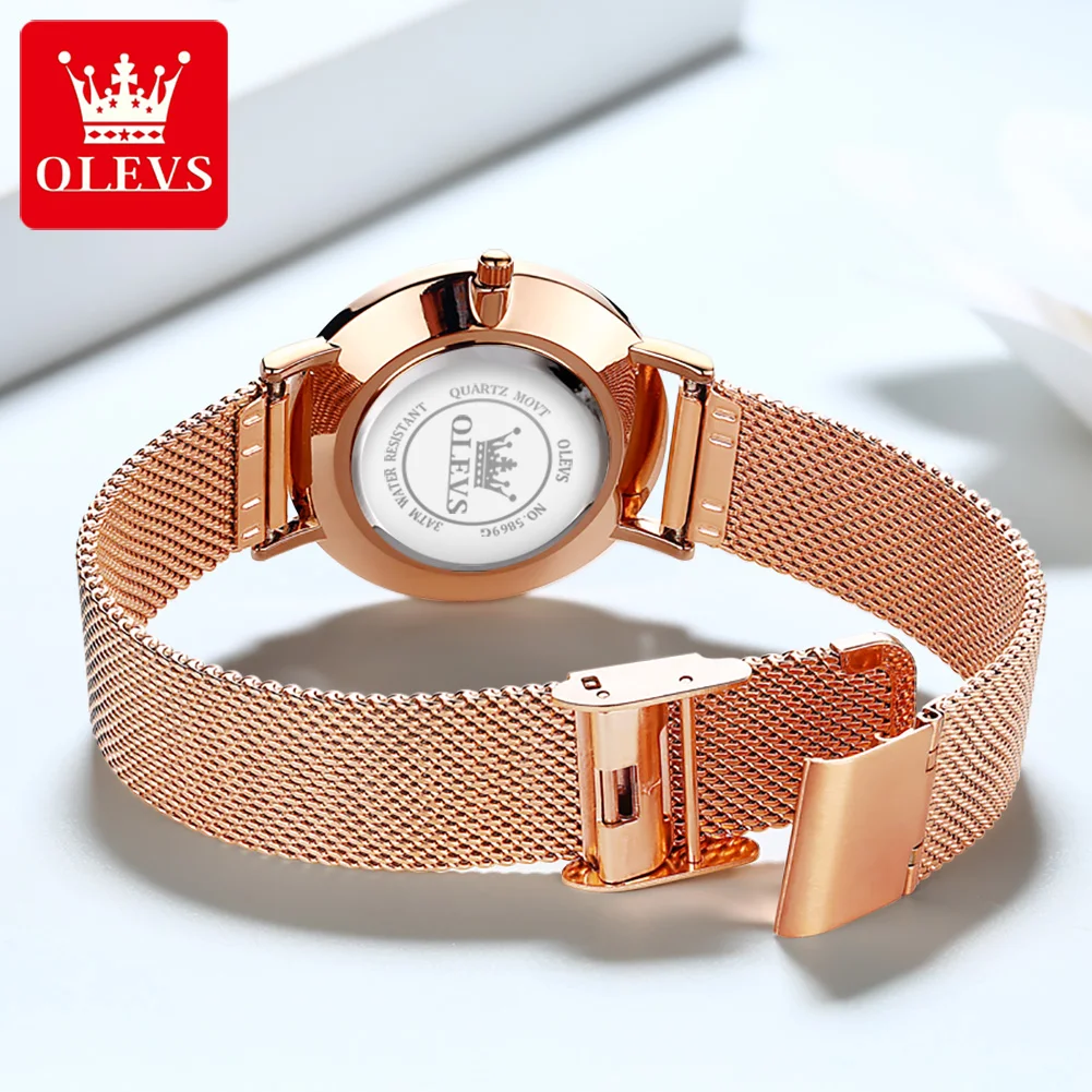 OLEVS 5869 Mesh Stainless Steel Women\'s Watches Ultra Thin 6.5mm Quartz Watch for Women Waterproof Calendar Ladies Wristwatches