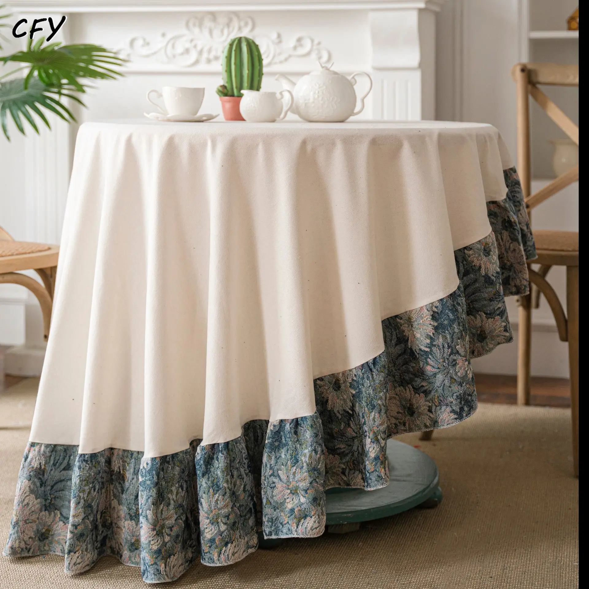 Cotton Linen American Tablecloth Blue Flower Contrasting Table Cover Chicken Table Cloth Tea Table Cloth Circular Tablecloth