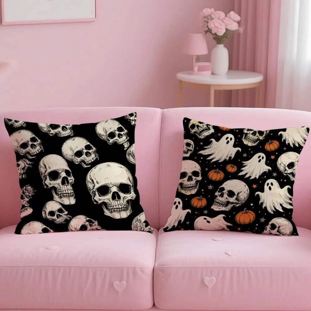 Dark Skull Halloween Seamless Cushion Cover Comfortable Double Sided Pillow Cover For Car Sofa Bedroom & More