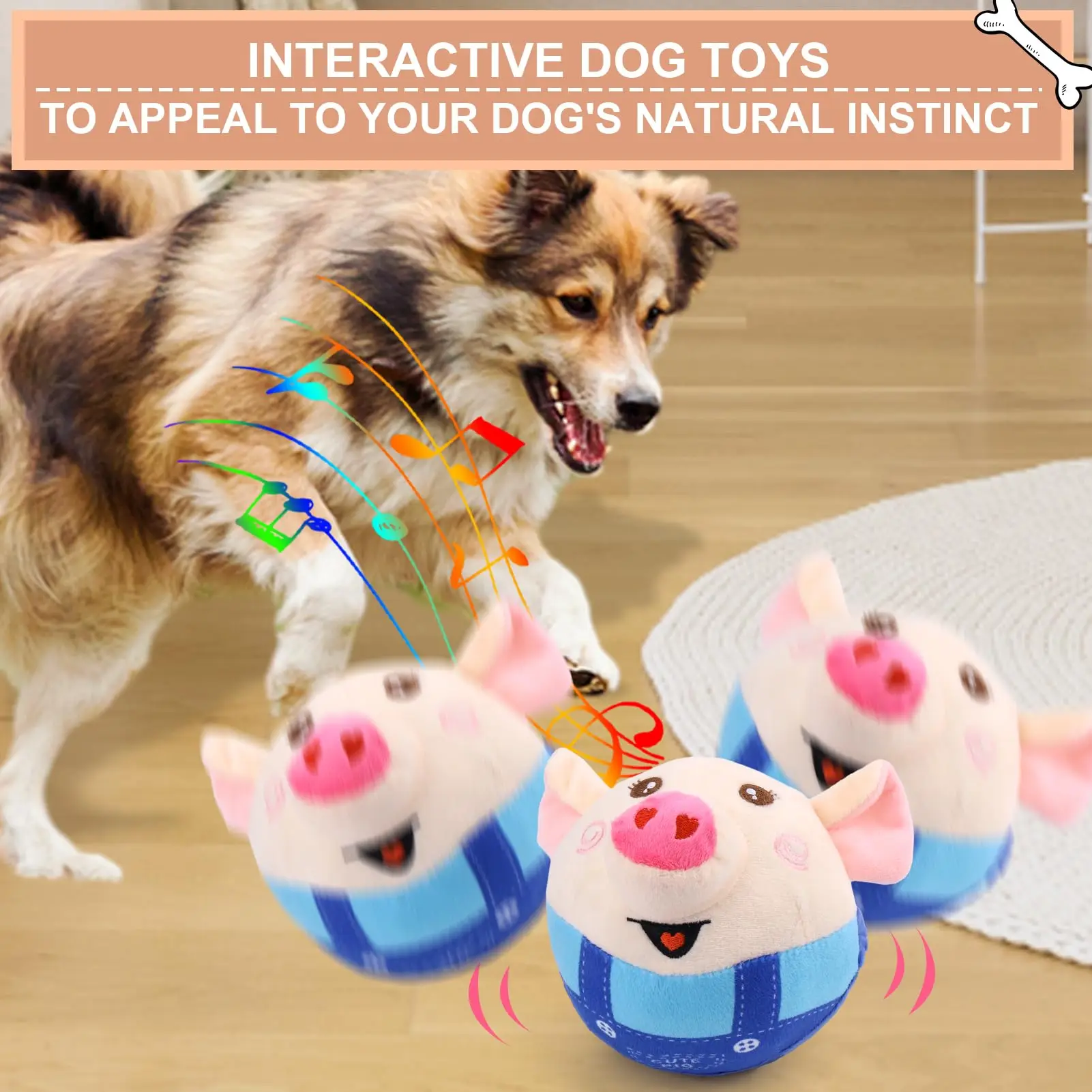 Interactive Dog Toy Pig, Jumping Squeaky Dog Toy with Recording and Music Mode, Suitable for Small/Medium/Large Dogs (Blue Pig)