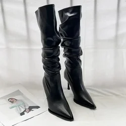 2024 Flat Bottomed Boots Silver Fashion Pleated Shoes 35-45 Thigh Boots Pointed Toe Internet Celebrity Low Heeled Women's Boots