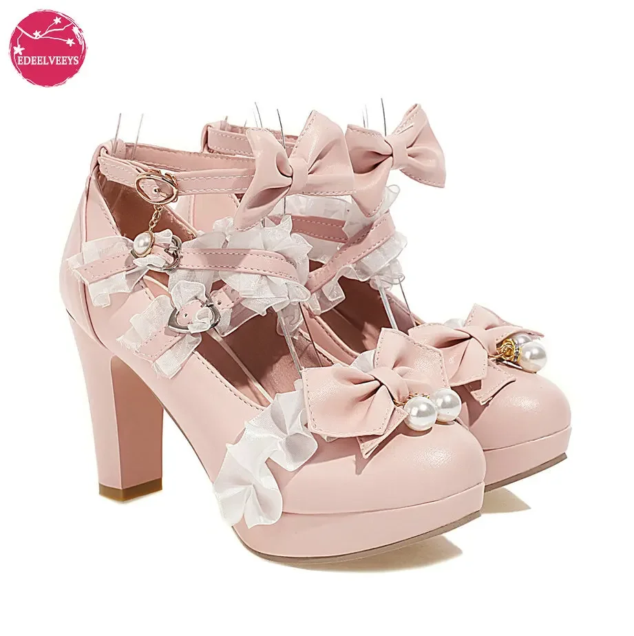 

Women's Cute Bowknot Decor Block Heels Sweet Lolita Shoes, Fashion Buckle Strap Dress Pumps, Tea Party Stylish Cosplay Heels