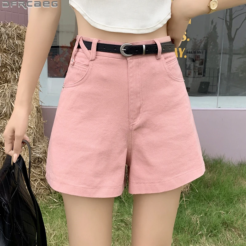 

Fashion Korean Style Summer Short Pants Women Casual Loose Wide Leg Shorts Female Belt Solid High Waist Shorts Grey Pink Black